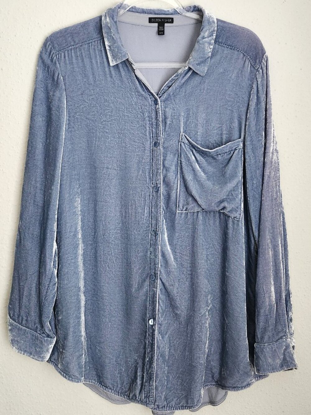 EILEEN FISHER Silk Blend Velvet Classic Collar Ice Blue Button Down Shirt M